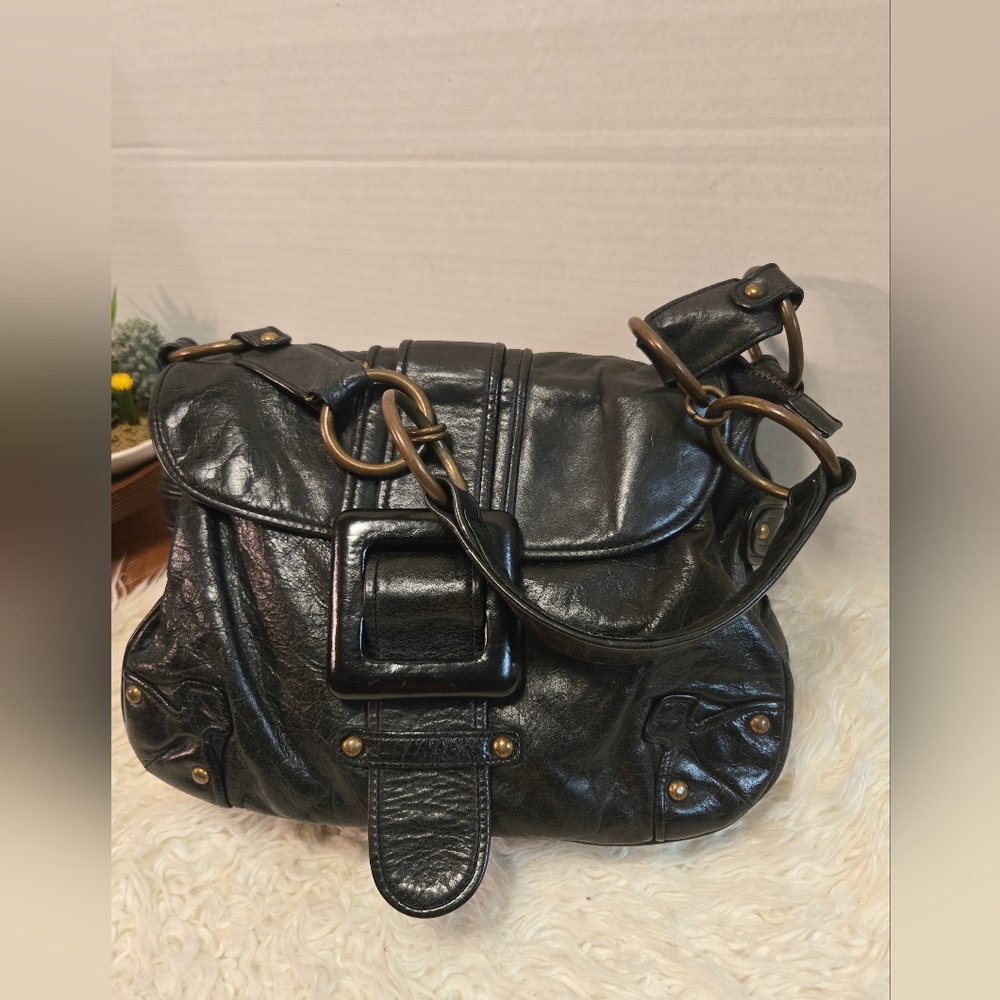 Black Leather Brass Ring Strap Flap Top Mini Bag
